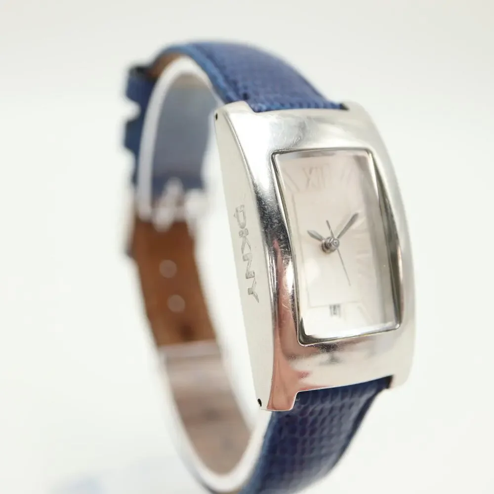 DKNY Silver Tone Dome Tank 23mm Women Watch Rectangle Blue Leather w New Battery